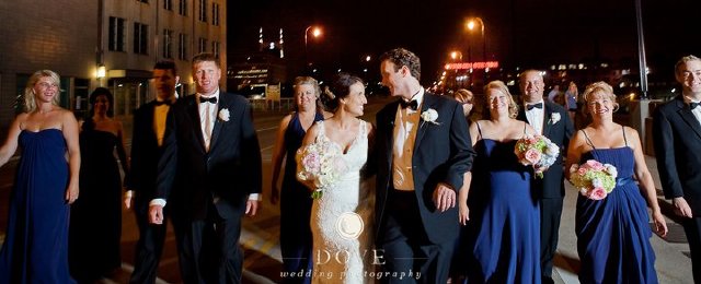 nashville wedding, downtown, street at night, bridal party walking
